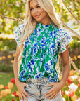 Elsa Floral Lace Trim Ruffle Sleeve Pleated Loose Blouse