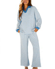 Stripe Collared Top and Drawstring Pants Set