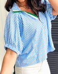 Stripe Contrast Split Neck Blouse
