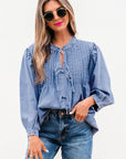 Solid Denim Pleated Bow Tie Puff Sleeve Top