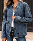 Solid Denim Scallop Collar Patch Pocket Buttoned Jacket