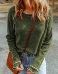 Solid Waffle Knit Round Neck Long Sleeve Top