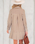 Stripe Ruffle Hem Collared Long Sleeve Shirt Mini Dress