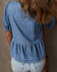 Hope Tied Front Bubble Sleeve Peplum Denim Shirt