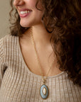 Blue Denim Dreams White Mother of Pearl Golden Pendant Necklace