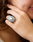 Denim Dreams White Mother of Pearl Golden Statement Ring