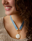 Blue Denim Dreams White Mother of Pearl Ribbon Necklace