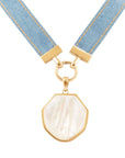 Blue Denim Dreams White Mother of Pearl Ribbon Necklace