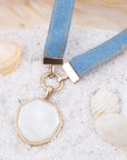 Blue Denim Dreams White Mother of Pearl Ribbon Necklace