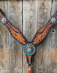 Two Tone Leaf Floral Turquoise One Ear & Breastcollar Tack Set