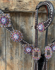 Dark Oil Buckstitch One Ear Headstall & Breastcollar - Pink