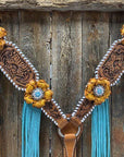 White Whipstitch Yellow and Turquoise Browband/One Ear Headstall & Breastcollar Tack Set