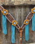 White Whipstitch Yellow and Turquoise Browband/One Ear Headstall & Breastcollar Tack Set