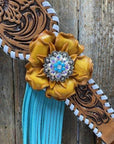 White Whipstitch Yellow and Turquoise Browband/One Ear Headstall & Breastcollar Tack Set
