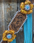 White Whipstitch Yellow and Turquoise Browband/One Ear Headstall & Breastcollar Tack Set