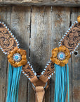White Whipstitch Yellow and Turquoise Browband/One Ear Headstall & Breastcollar Tack Set