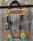 White Whipstitch Yellow and Turquoise Browband/One Ear Headstall & Breastcollar Tack Set