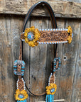 White Whipstitch Yellow and Turquoise Browband/One Ear Headstall & Breastcollar Tack Set