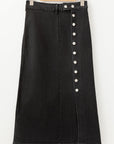 Emberlynn Button Fly Side Split High Waist Denim Midi Skirt