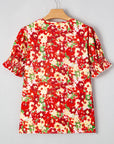 Floral Pleated Wrap V-Neck Blouse