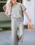 Solid Textured T-Shirt and Drawstring Pants Set