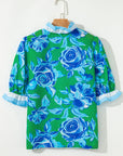 Floral Contrast Frilled V-Neck Blouse