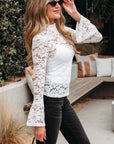 Solid Lace Crochet Bell Sleeve Blouse
