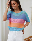 April Knitted Eyelet Colorblock Striped Half Sleeves Top