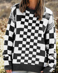 Checker Round Neck Drop Shoulder Sweater