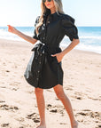 Malaya Button Up Tie Waist Puff Sleeve Mini Dress