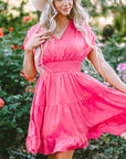 Nora Ruched Sleeve V Neck Smock Waist Tiered Ruffled Dress