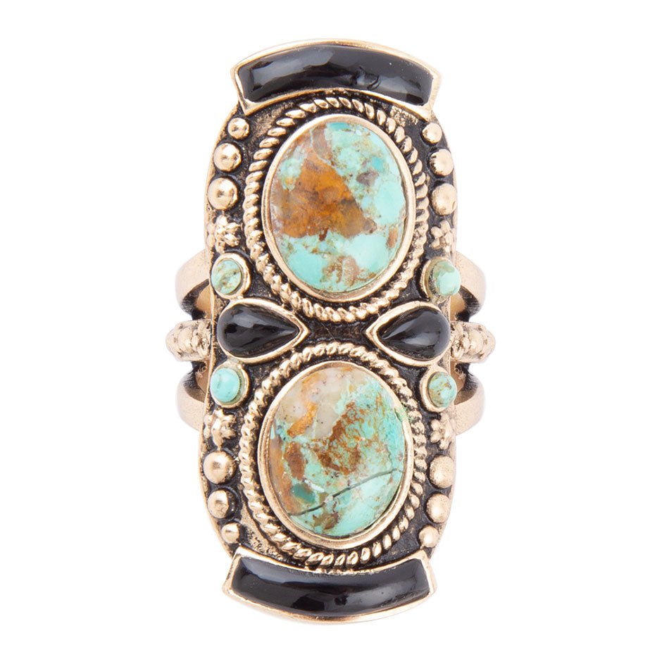 Double Up Blue Turquoise and Black Onyx Golden Ring