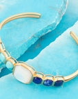 Dual Color Blue Lapis Turquoise and White Mother of Pearl Golden Cuff Bracelet