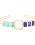 Dual Color Blue Lapis Turquoise and White Mother of Pearl Golden Cuff Bracelet