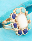 Dual Color Blue Lapis Turquoise and White Mother of Pearl Golden Ring