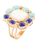 Dual Color Blue Lapis Turquoise and White Mother of Pearl Golden Ring