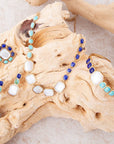 Dual Color Blue Lapis Turquoise and White Mother of Pearl Golden Cuff Bracelet