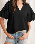 Bow Puff Sleeve V-Neck Blouse