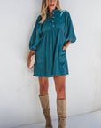 Solid Corduroy 3/4 Sleeve Snap Button Dress