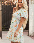 Katharine Floral Shirred High Waist Puff Sleeve Mini Dress