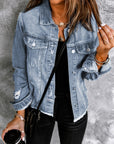 Denim Lapel Distressed Raw Hem Buttoned Jacket