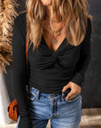 Alice Textured Twist Front V Neck Long Sleeve Top