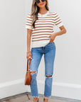 Eloise Stripe Scalloped Round Neck Short Sleeve Sweater