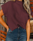 Deep Burgundy Fall Patch Pocket Rib Knit Short Sleeve Sweater