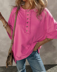 Aliana Exposed Seam Button Neck Wide Sleeve Tunic Top