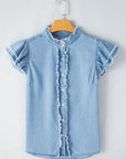 Ashlyn Ruffled Flutter Frayed Denim Top