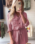 Reese Roll up Sleeve Flap Pockets Drawstring Romper