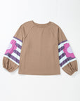 Light French Beige Flower Striped Patchwork Puff Sleeve Loose PLUS Sweatshirt