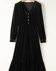 Olivia Velvet Buttoned Puff Sleeve V Neck Split Midi Dress
