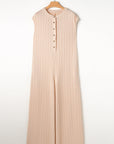 Textured Buttoned Wide Leg Sleeveless Jumpsuit